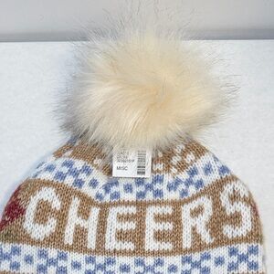 “CHEERS” a Happy Fair Isle Knit Pom Beanie Hat  Faux Fur Pom Winter Hat